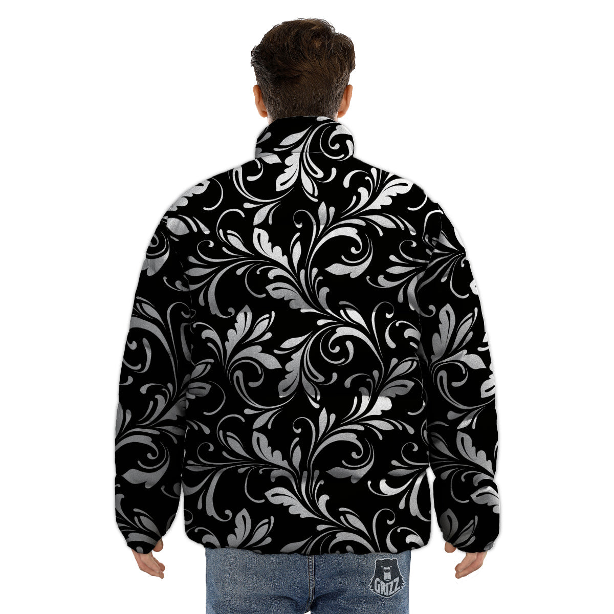 Damask White And Black Print Pattern Puffer Jacket-grizzshop