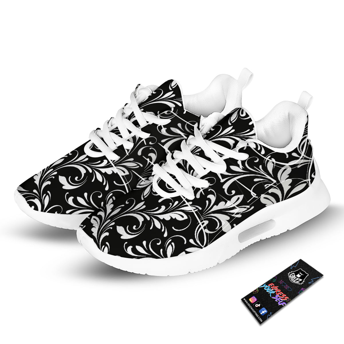 Damask White And Black Print Pattern Tennis Shoes-grizzshop