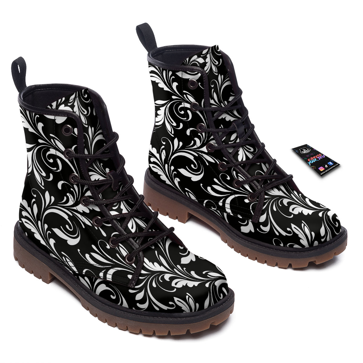Damask White And Black Print Pattern Work Boots-grizzshop