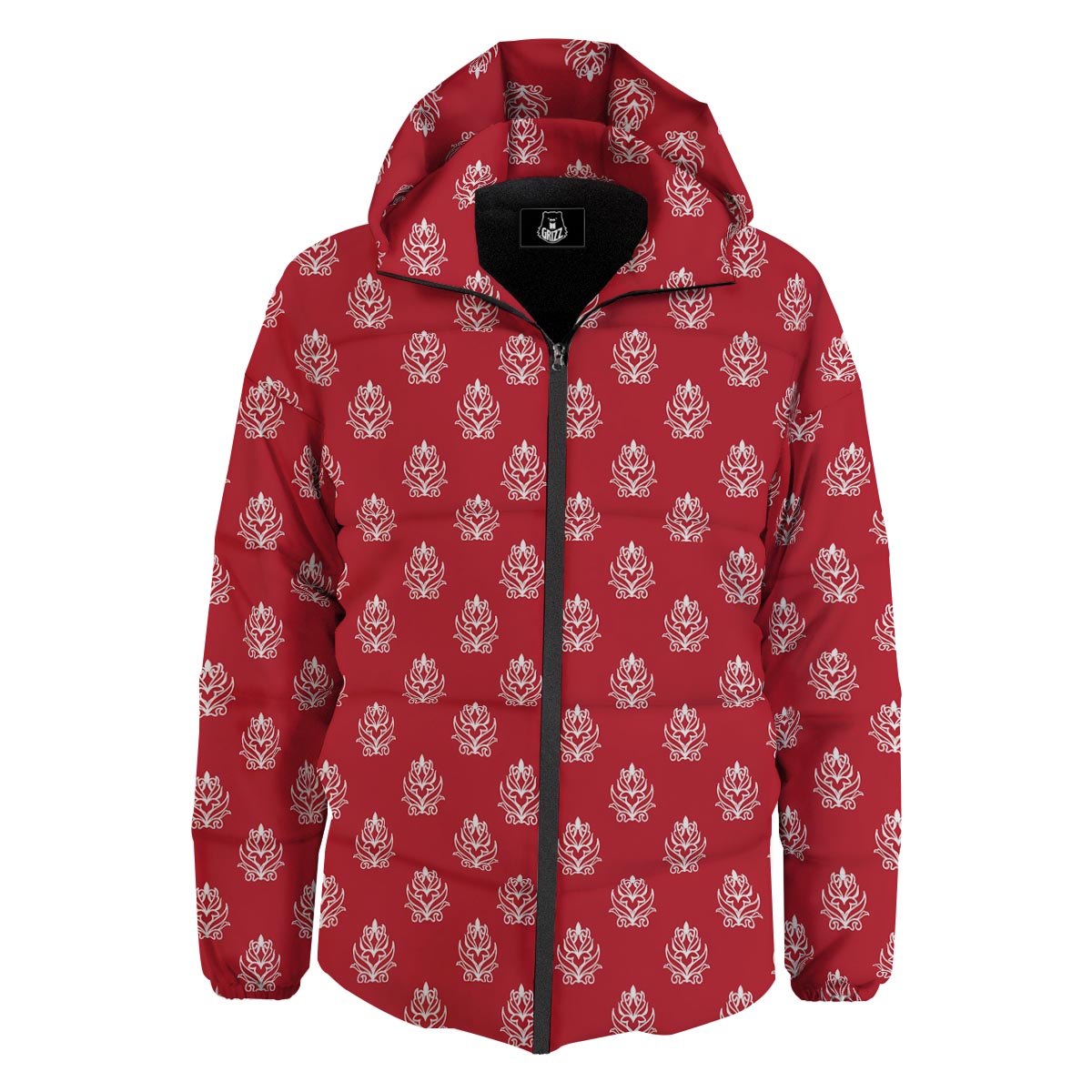 Damask White And Red Print Pattern Down Jacket-grizzshop