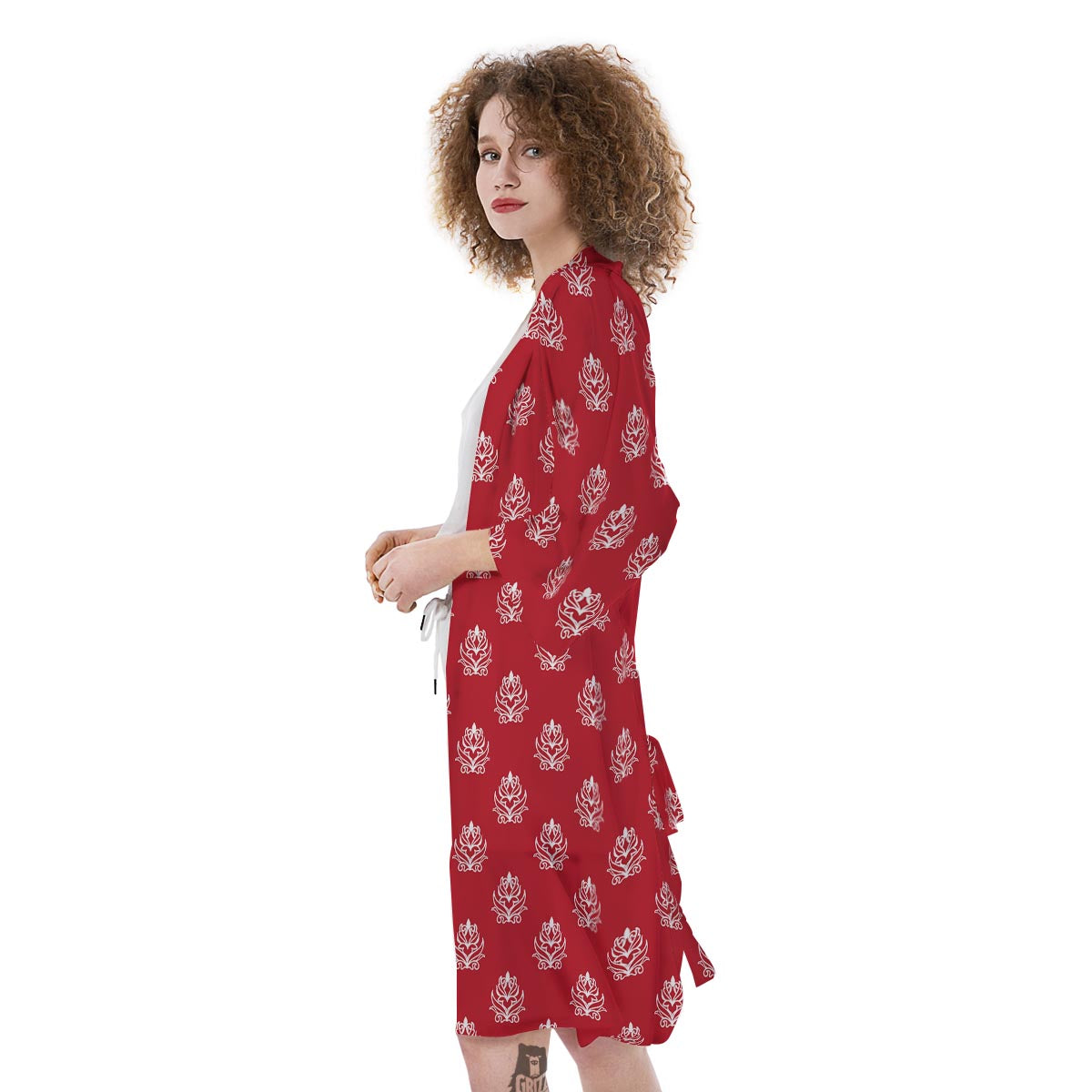 Damask White And Red Print Pattern Kimono-grizzshop
