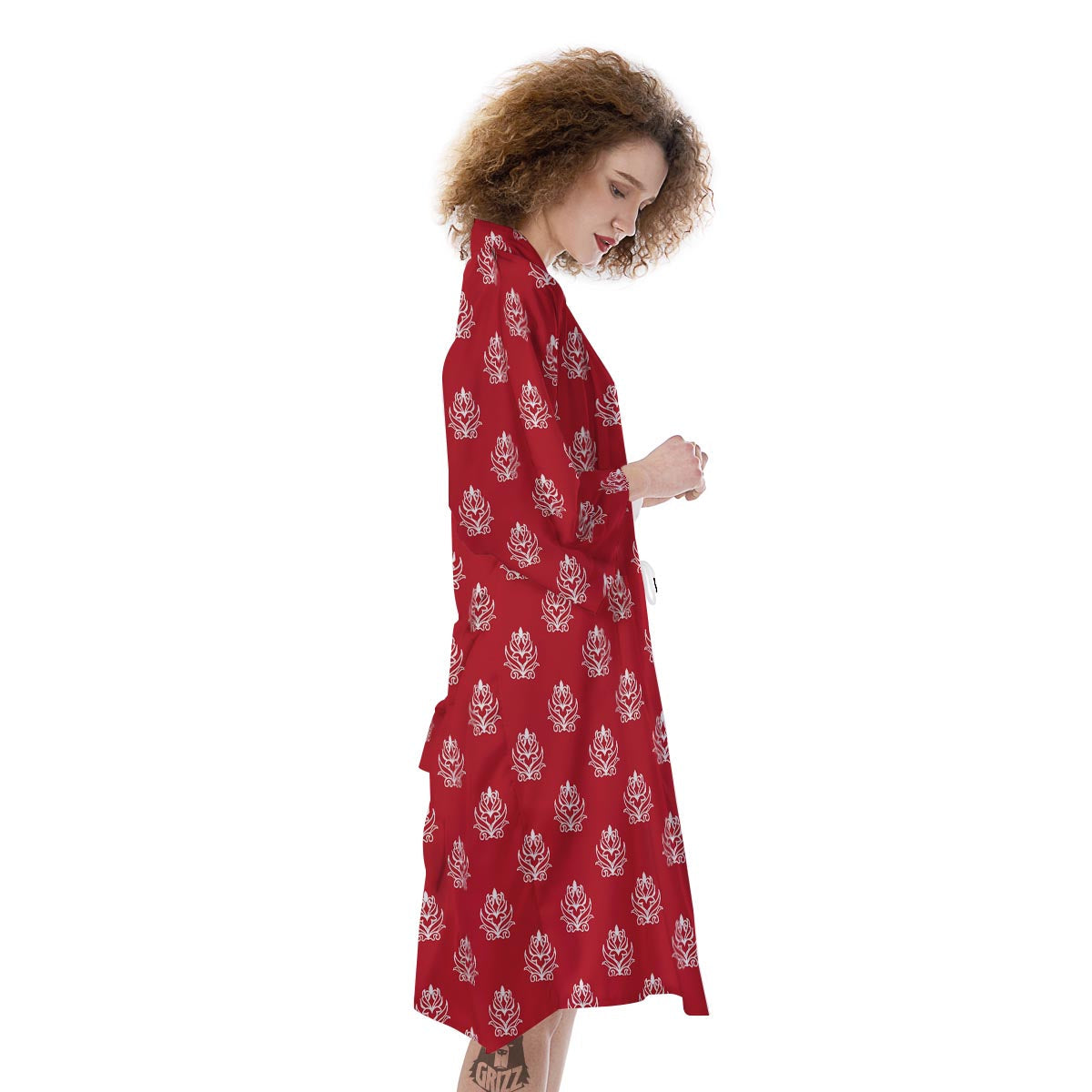 Damask White And Red Print Pattern Kimono-grizzshop