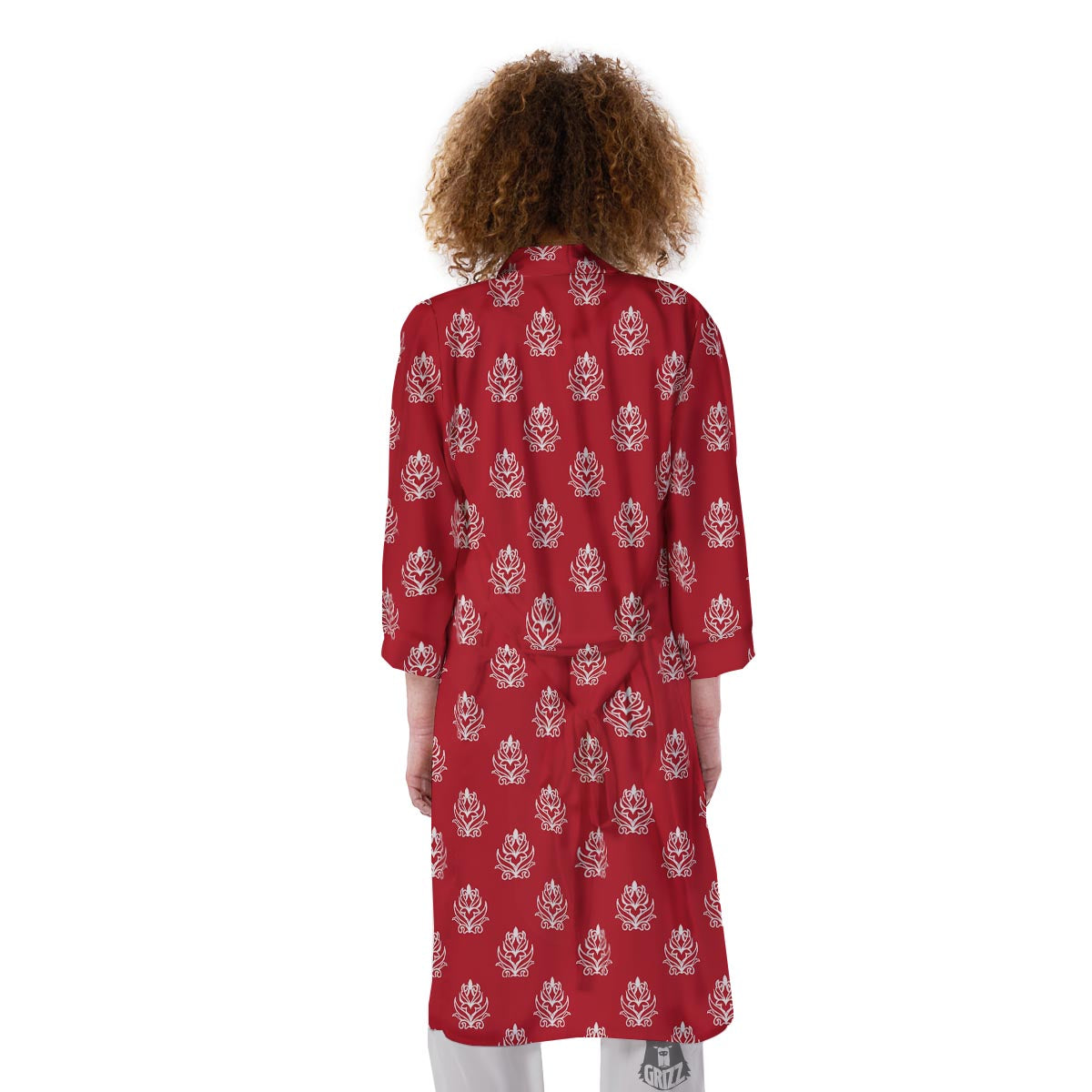 Damask White And Red Print Pattern Kimono-grizzshop