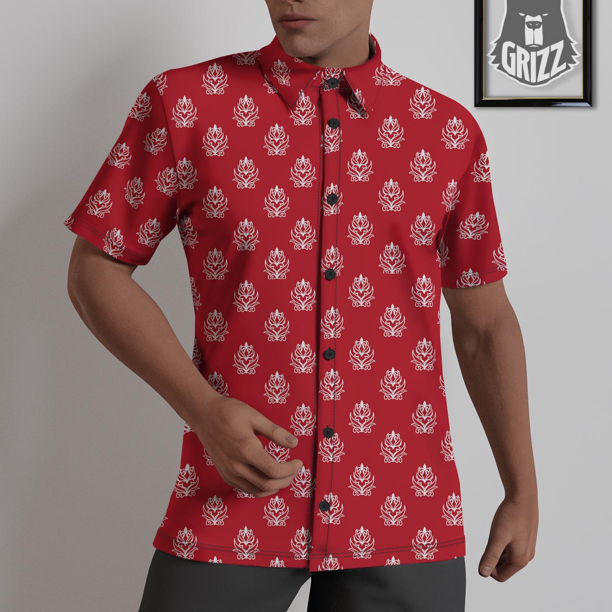 Damask White And Red Print Pattern Untucked Shirts-grizzshop
