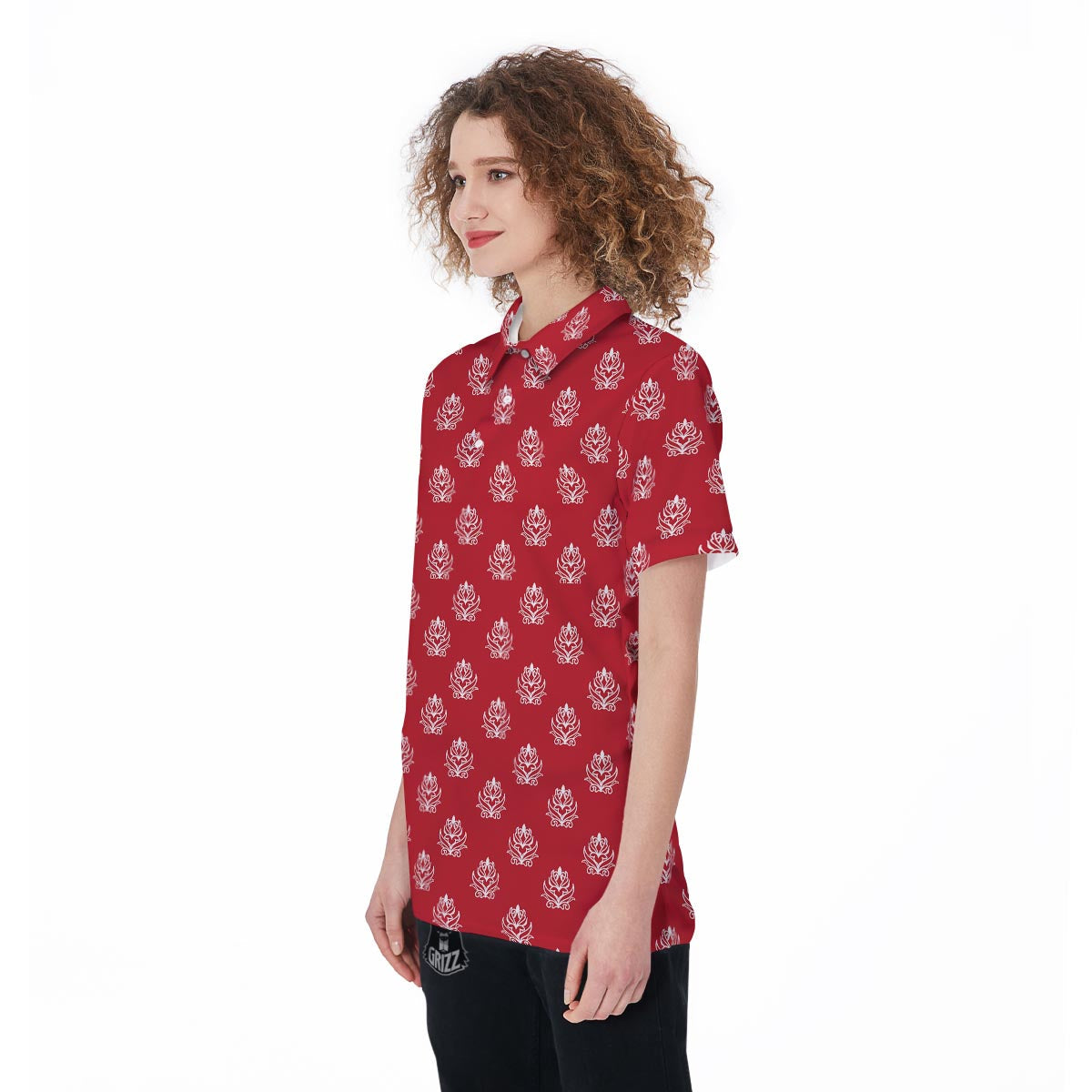 Damask White And Red Print Pattern Women's Golf Shirts-grizzshop