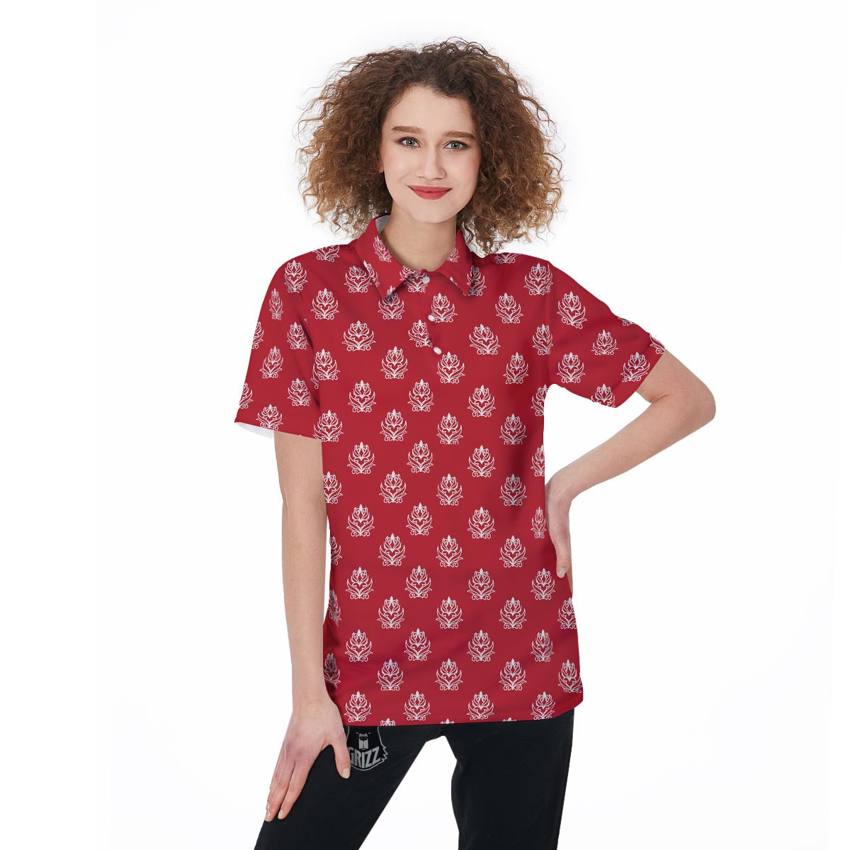 Damask White And Red Print Pattern Women's Golf Shirts-grizzshop