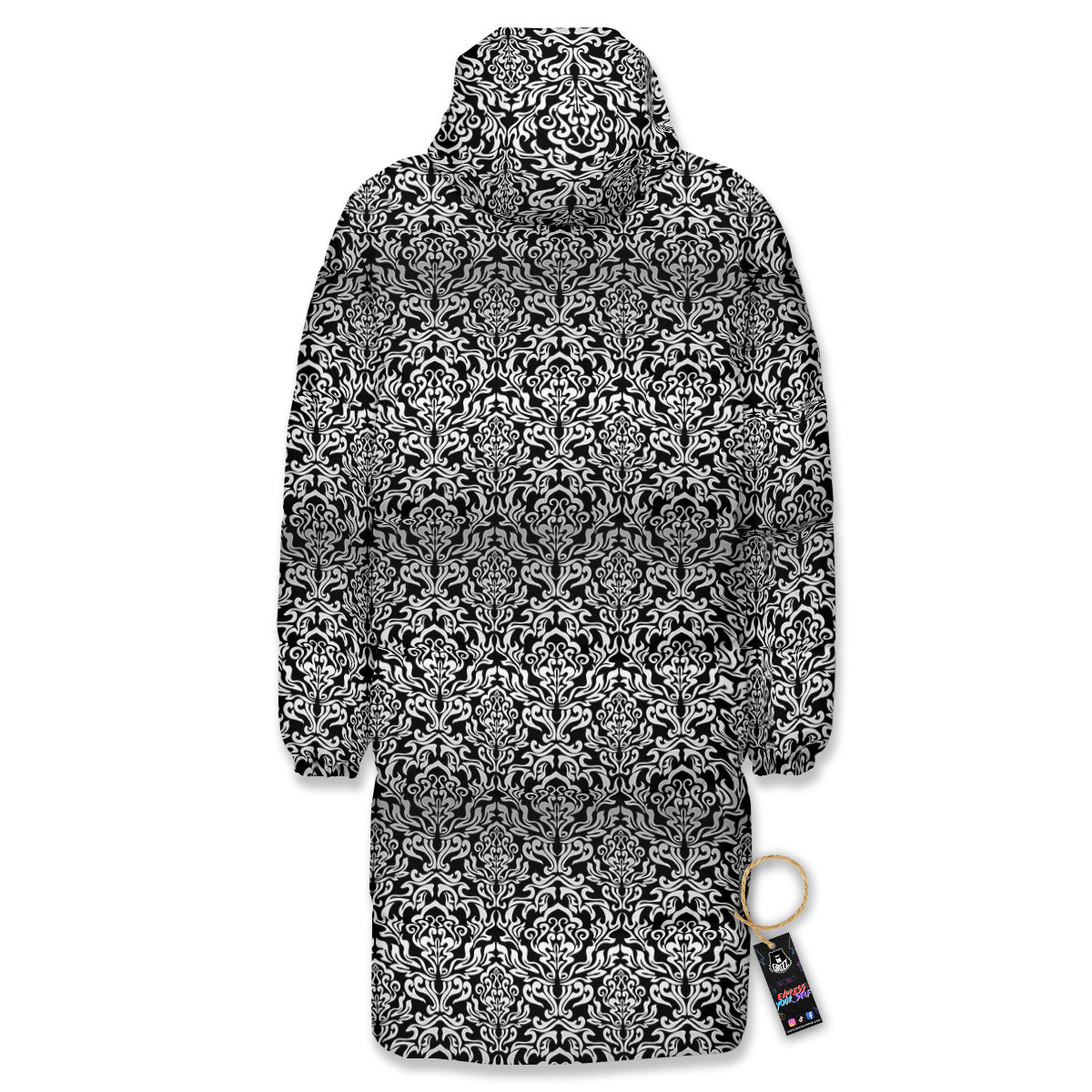 Damask Floral Black Western Print Long Down Jacket