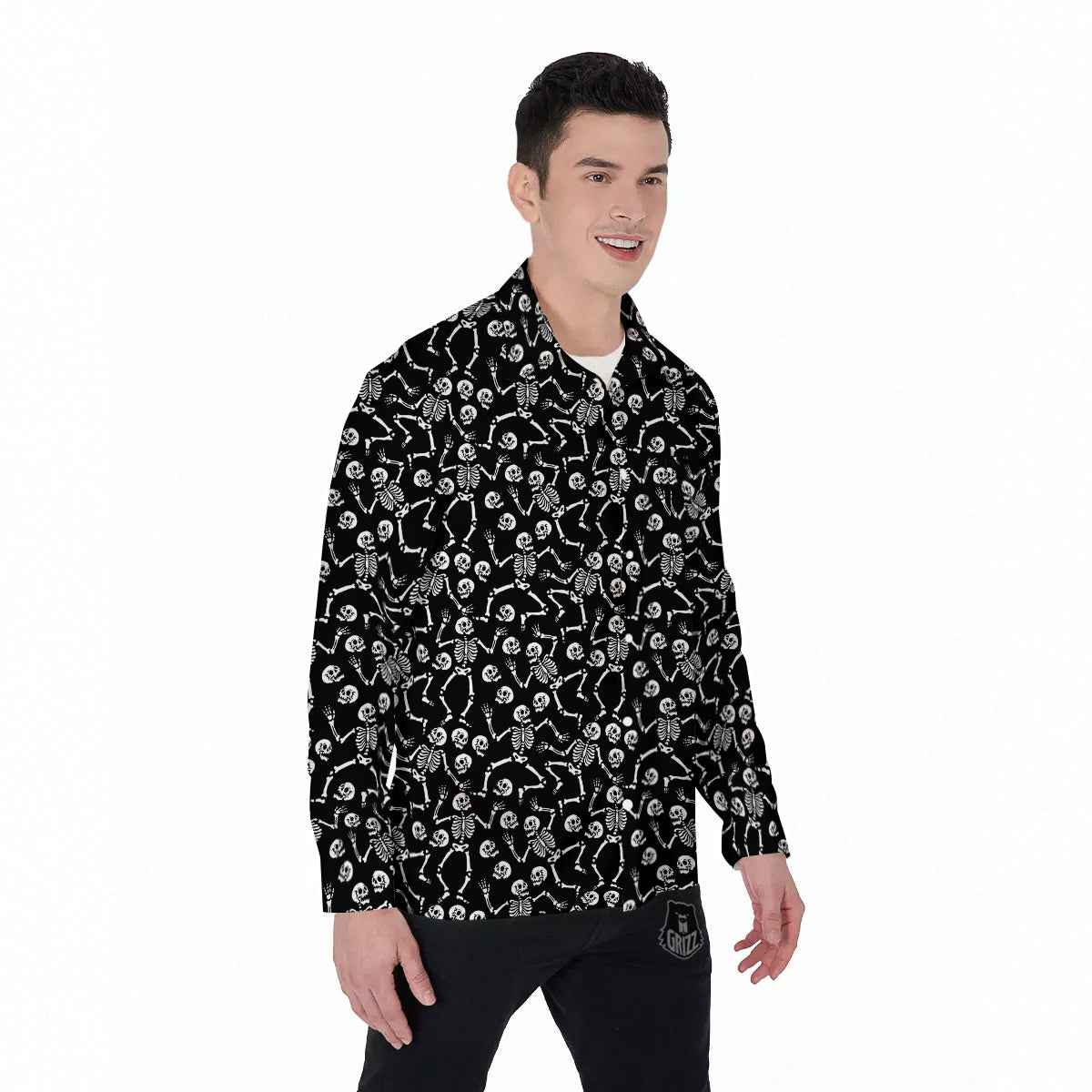 Dancing Party Skeleton Print Pattern Men's Long Sleeve Shirts-grizzshop