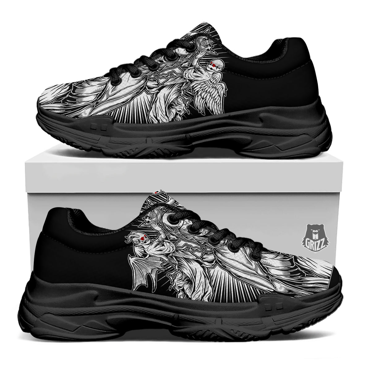 Dark Angel Of Death Print Black Chunky Shoes-grizzshop