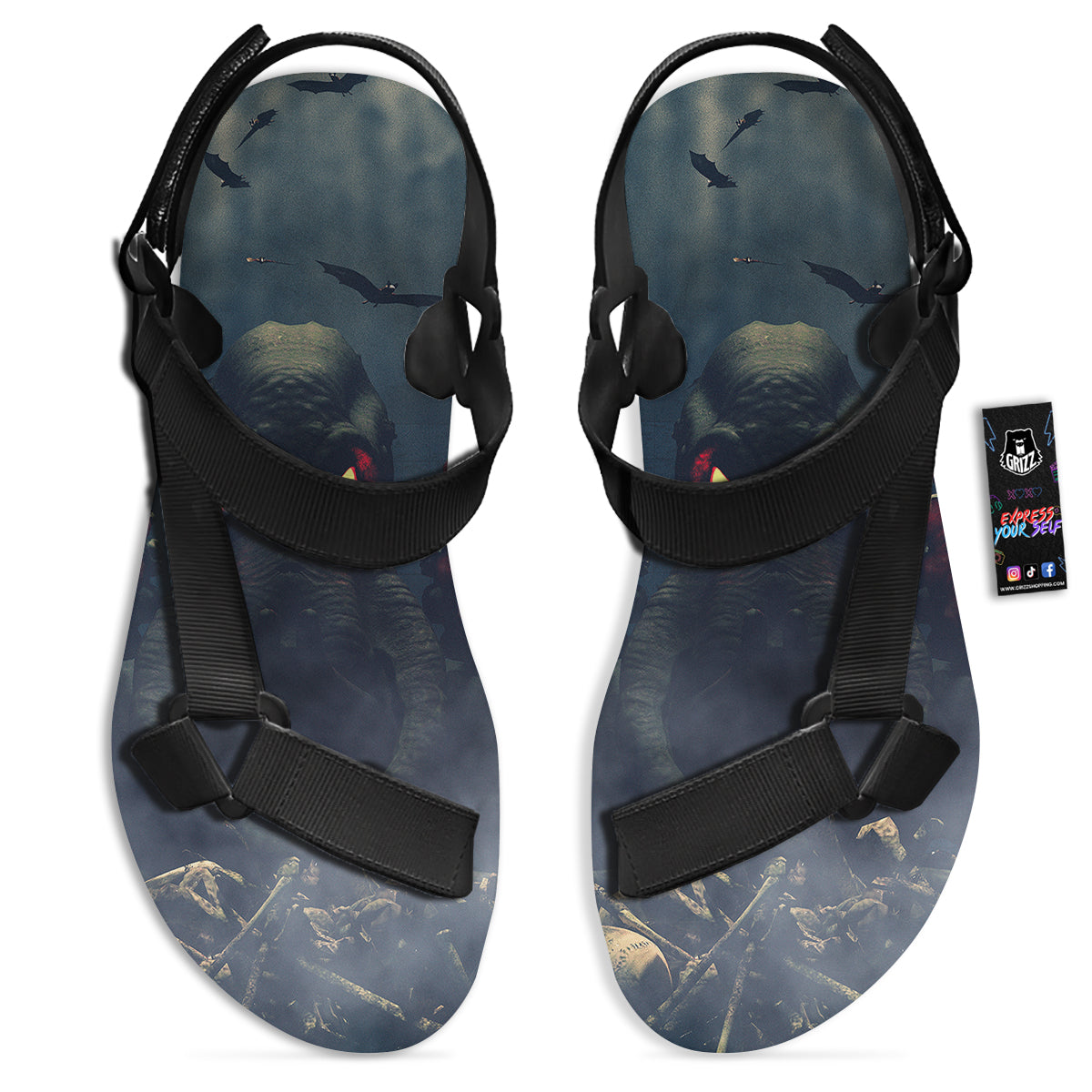 Dark Cthulhu Octopus And Bones Print Black Open Toe Sandals-grizzshop