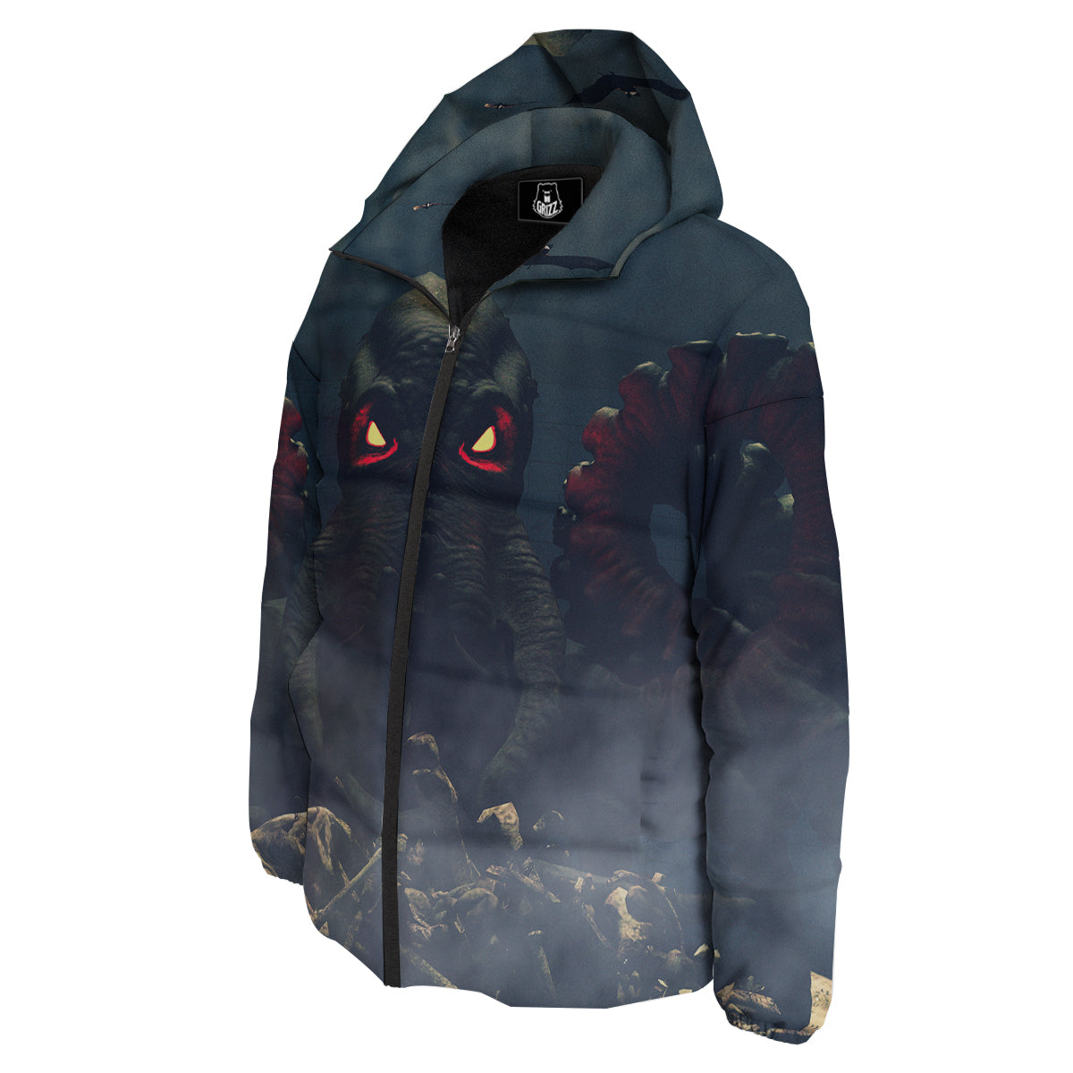 Dark Cthulhu Octopus And Bones Print Down Jacket-grizzshop