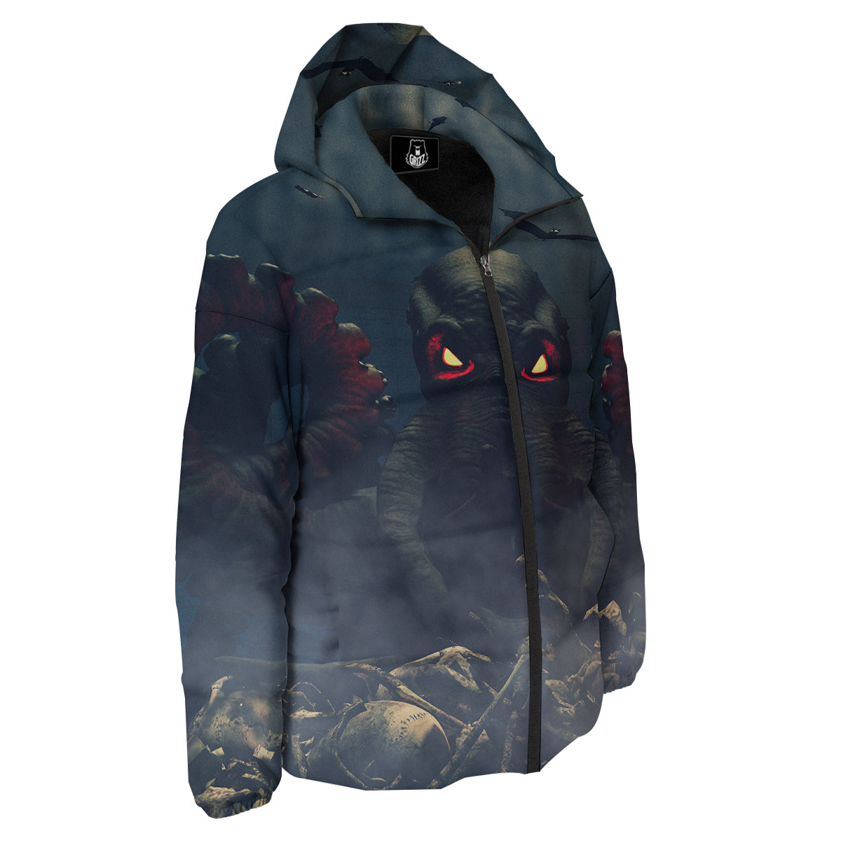Dark Cthulhu Octopus And Bones Print Down Jacket-grizzshop