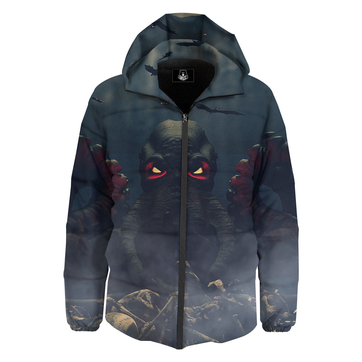 Dark Cthulhu Octopus And Bones Print Down Jacket-grizzshop