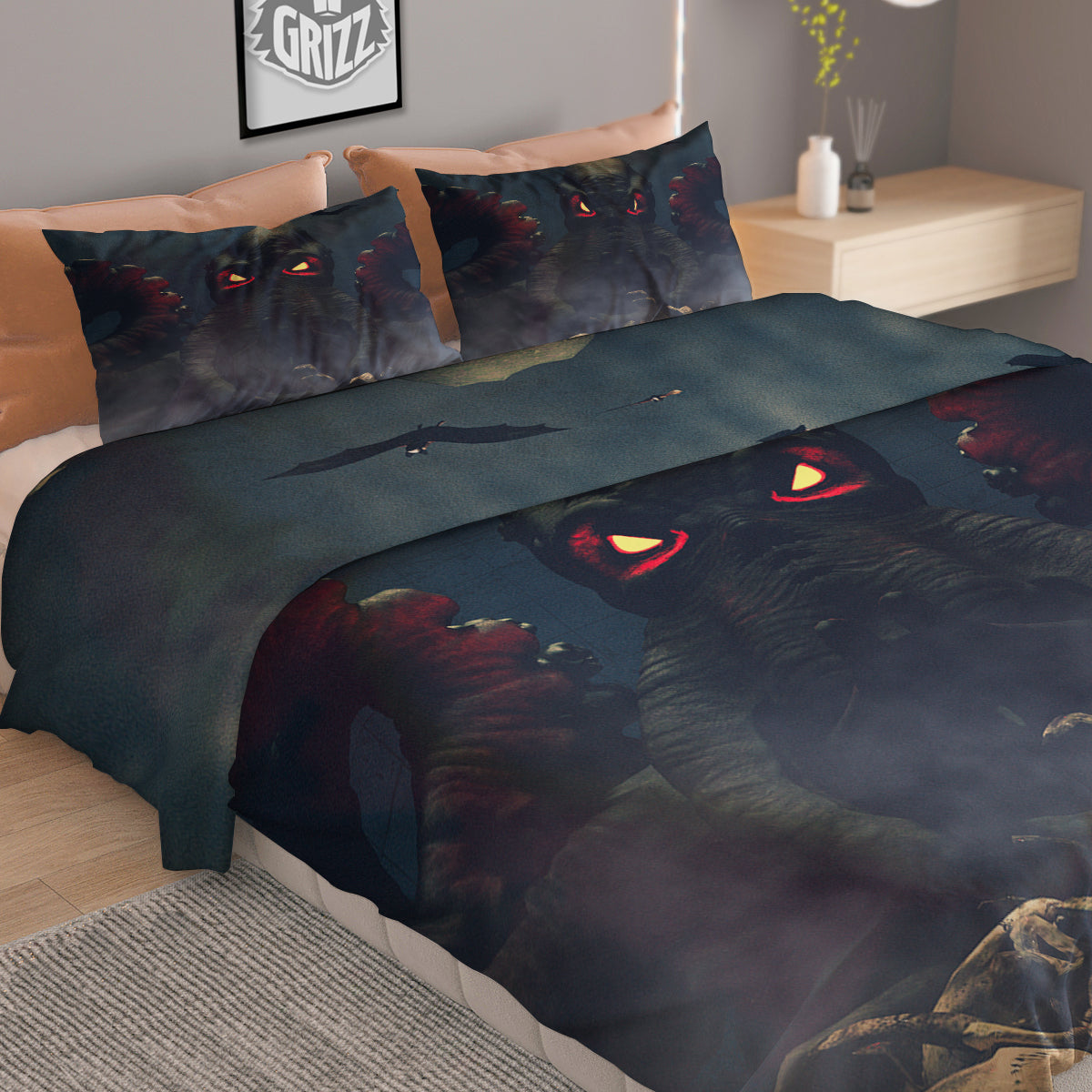 Dark Cthulhu Octopus And Bones Print Duvet Cover Bedding Set