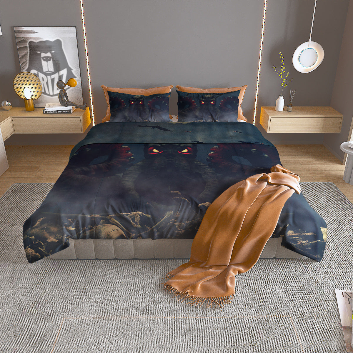 Dark Cthulhu Octopus And Bones Print Duvet Cover Bedding Set