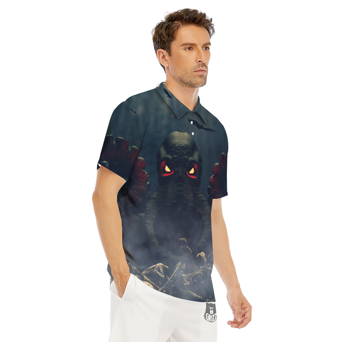 Dark Cthulhu Octopus And Bones Print Men's Golf Shirts-grizzshop