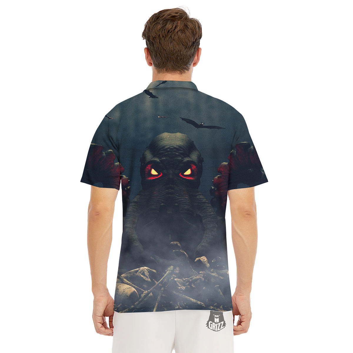 Dark Cthulhu Octopus And Bones Print Men's Golf Shirts-grizzshop