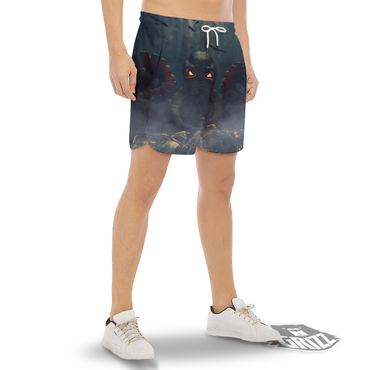 Dark Cthulhu Octopus And Bones Print Men's Gym Shorts-grizzshop
