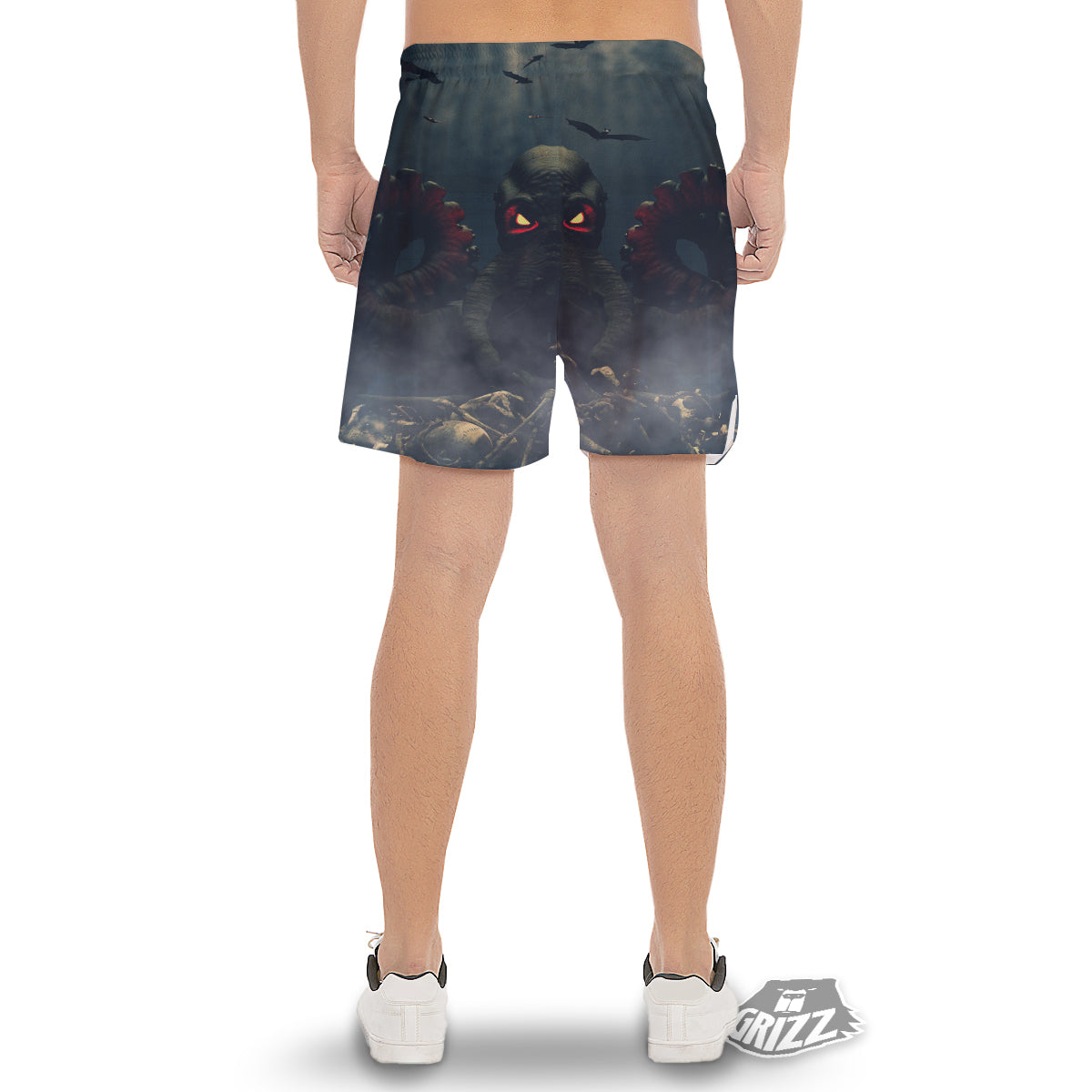 Dark Cthulhu Octopus And Bones Print Men's Gym Shorts-grizzshop