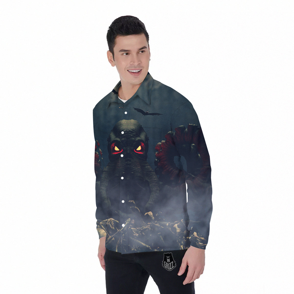 Dark Cthulhu Octopus And Bones Print Men's Long Sleeve Shirts-grizzshop