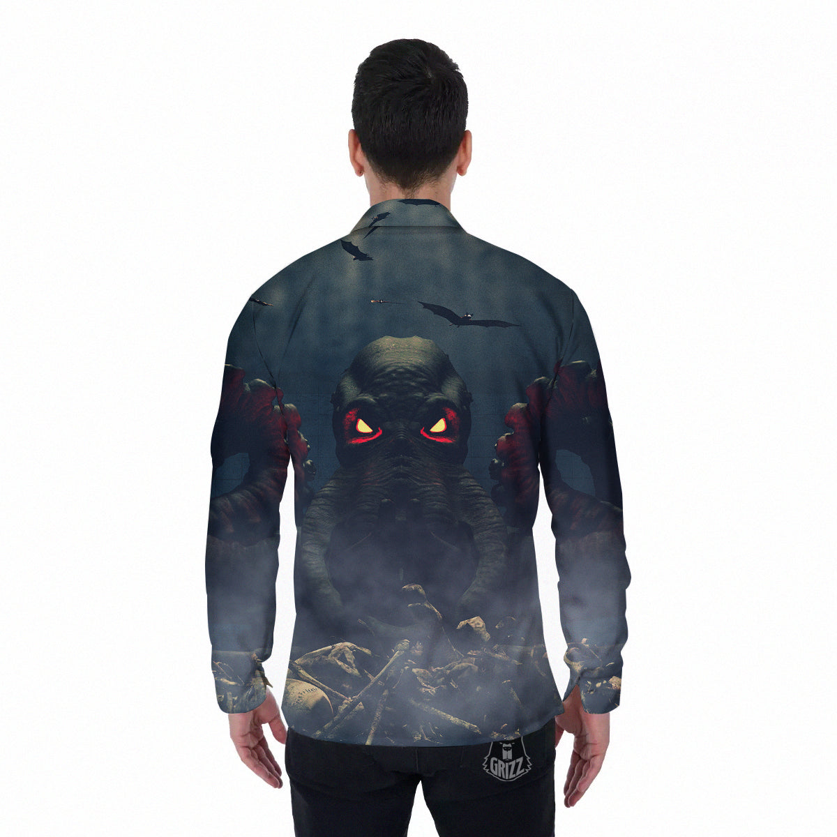 Dark Cthulhu Octopus And Bones Print Men's Long Sleeve Shirts-grizzshop
