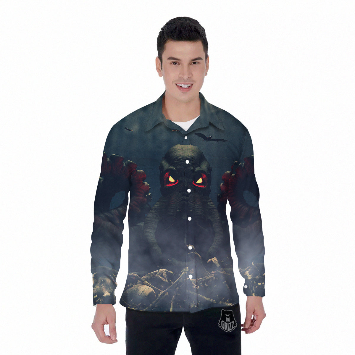 Dark Cthulhu Octopus And Bones Print Men's Long Sleeve Shirts-grizzshop