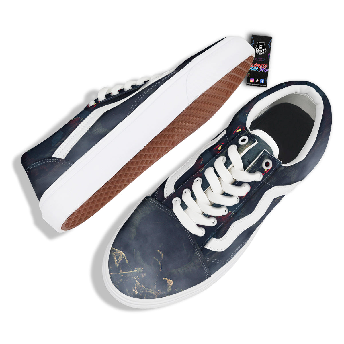 Dark Cthulhu Octopus And Bones Print Skate Shoes-grizzshop