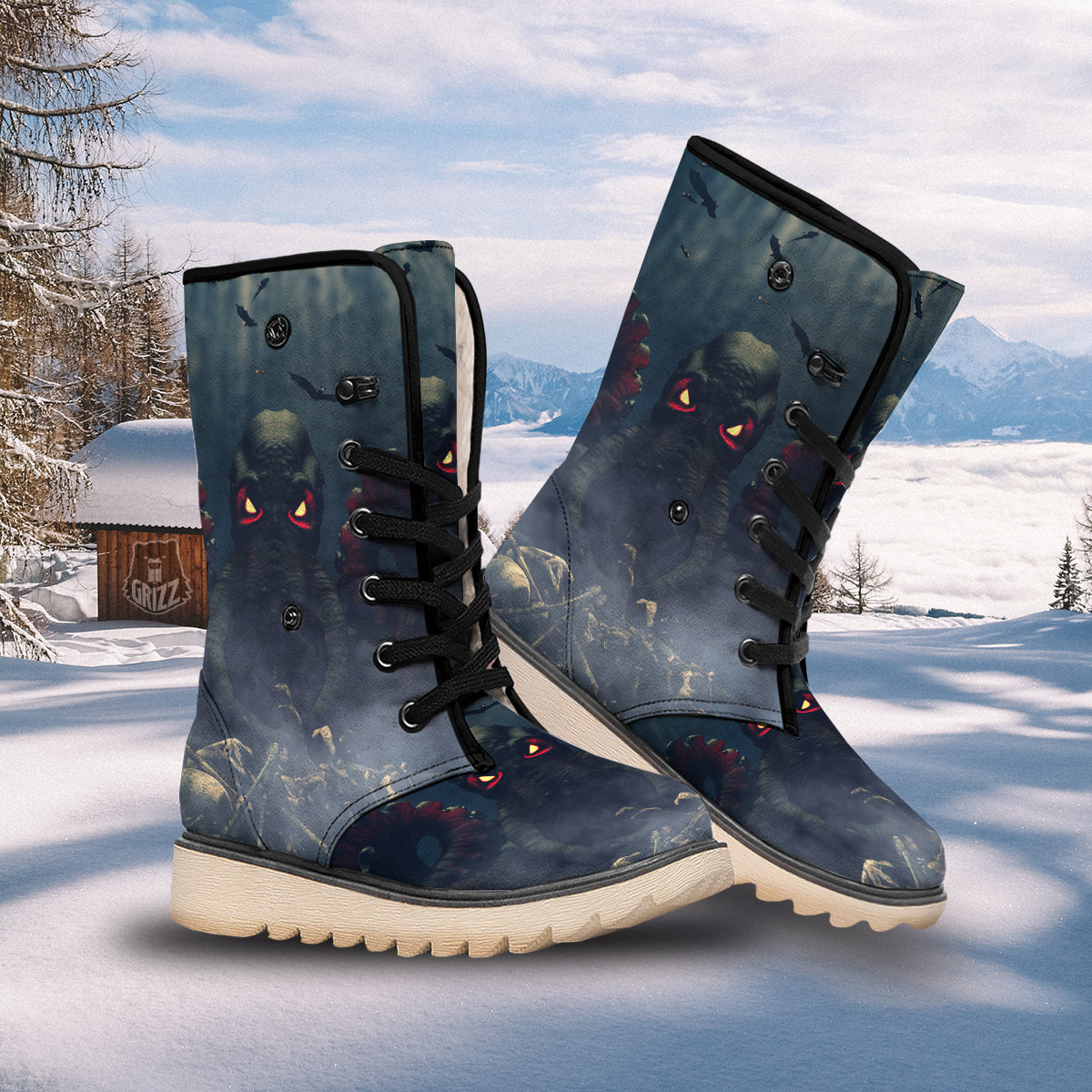 Dark Cthulhu Octopus And Bones Print Snow Boots-grizzshop