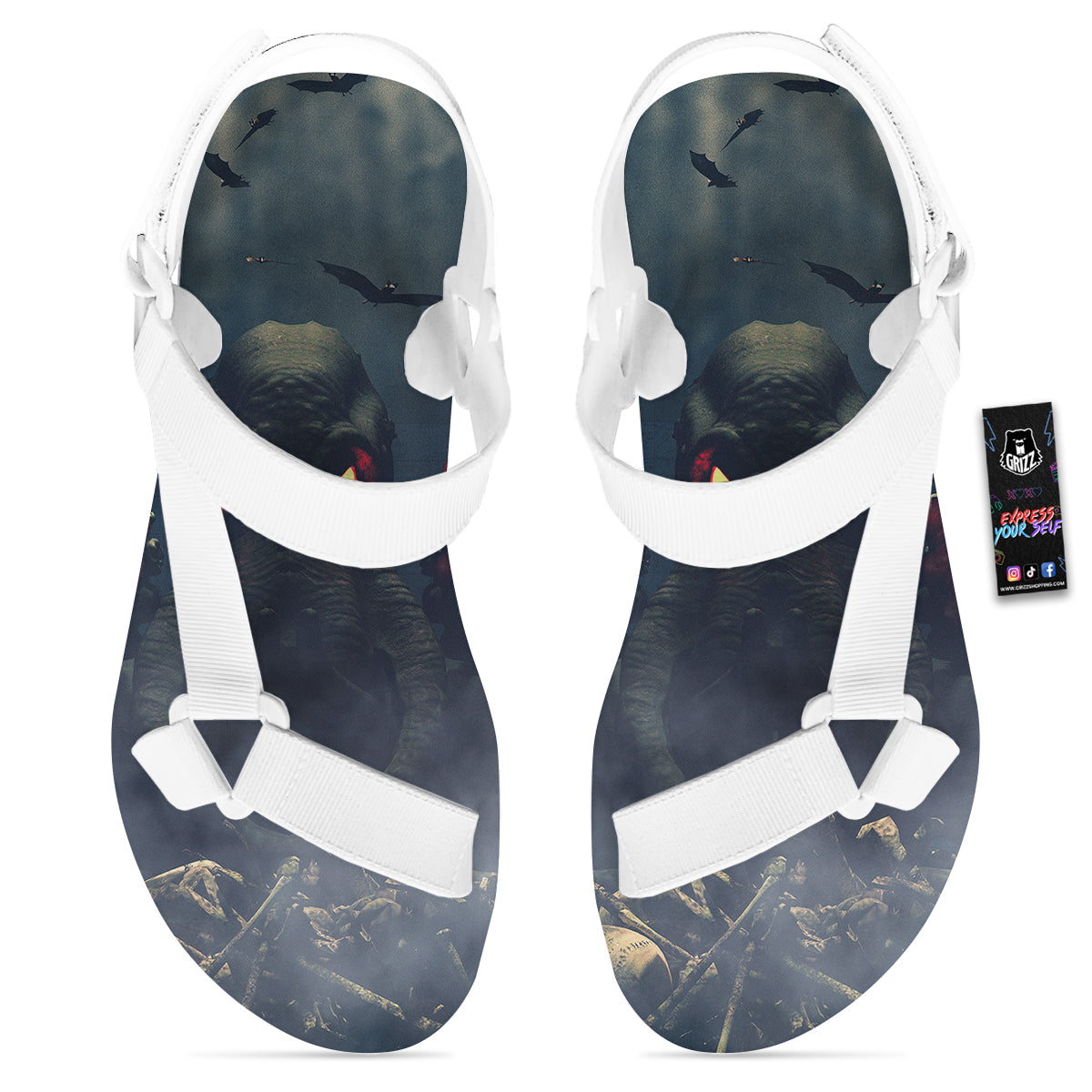 Dark Cthulhu Octopus And Bones Print White Open Toe Sandals-grizzshop