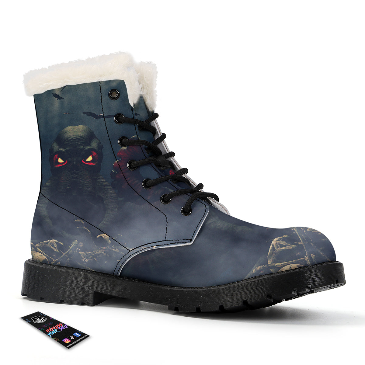 Dark Cthulhu Octopus And Bones Print Winter Boots-grizzshop