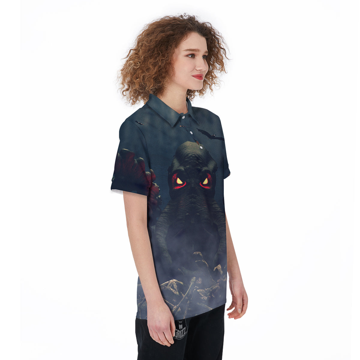 Dark Cthulhu Octopus And Bones Print Women's Golf Shirts-grizzshop