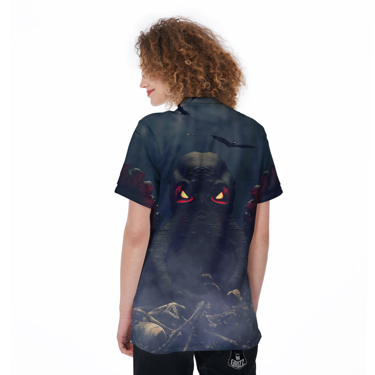 Dark Cthulhu Octopus And Bones Print Women's Golf Shirts-grizzshop