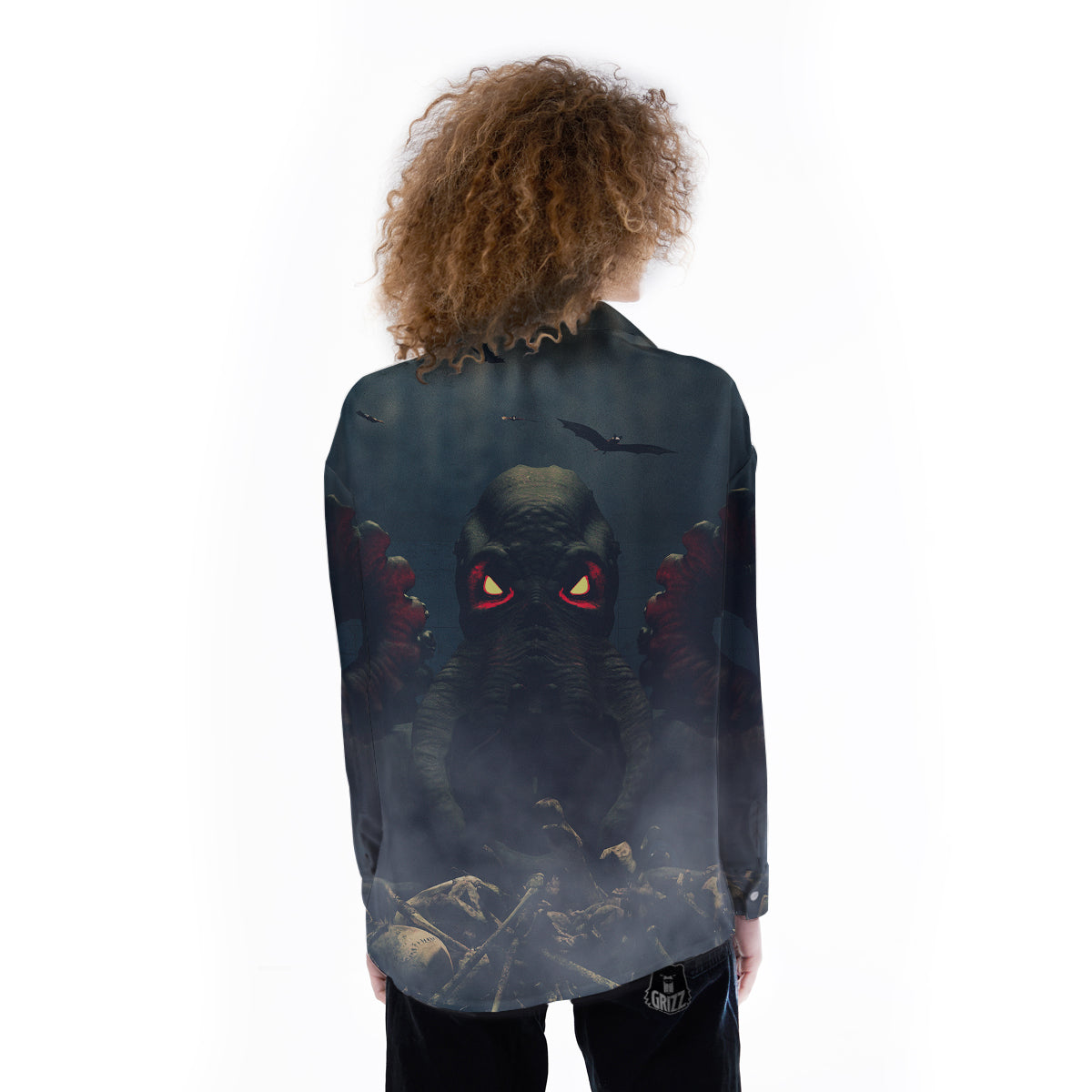 Dark Cthulhu Octopus And Bones Print Women's Long Sleeve Shirts-grizzshop