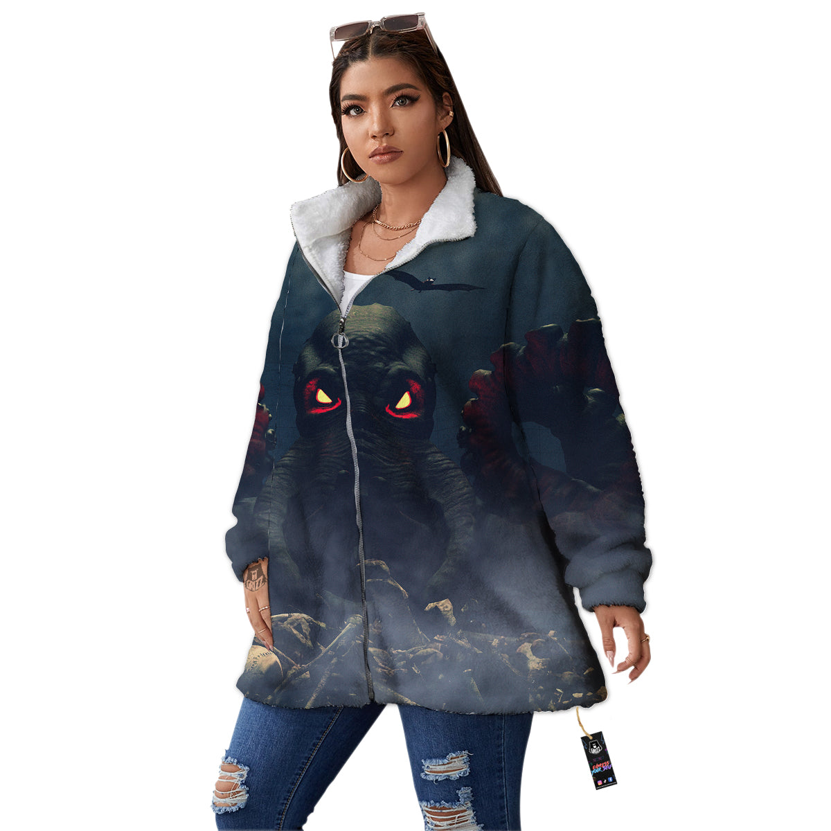 Dark Cthulhu Octopus And Bones Print Women's Sherpa Jacket-grizzshop