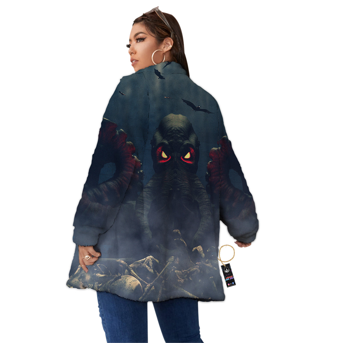 Dark Cthulhu Octopus And Bones Print Women's Sherpa Jacket-grizzshop