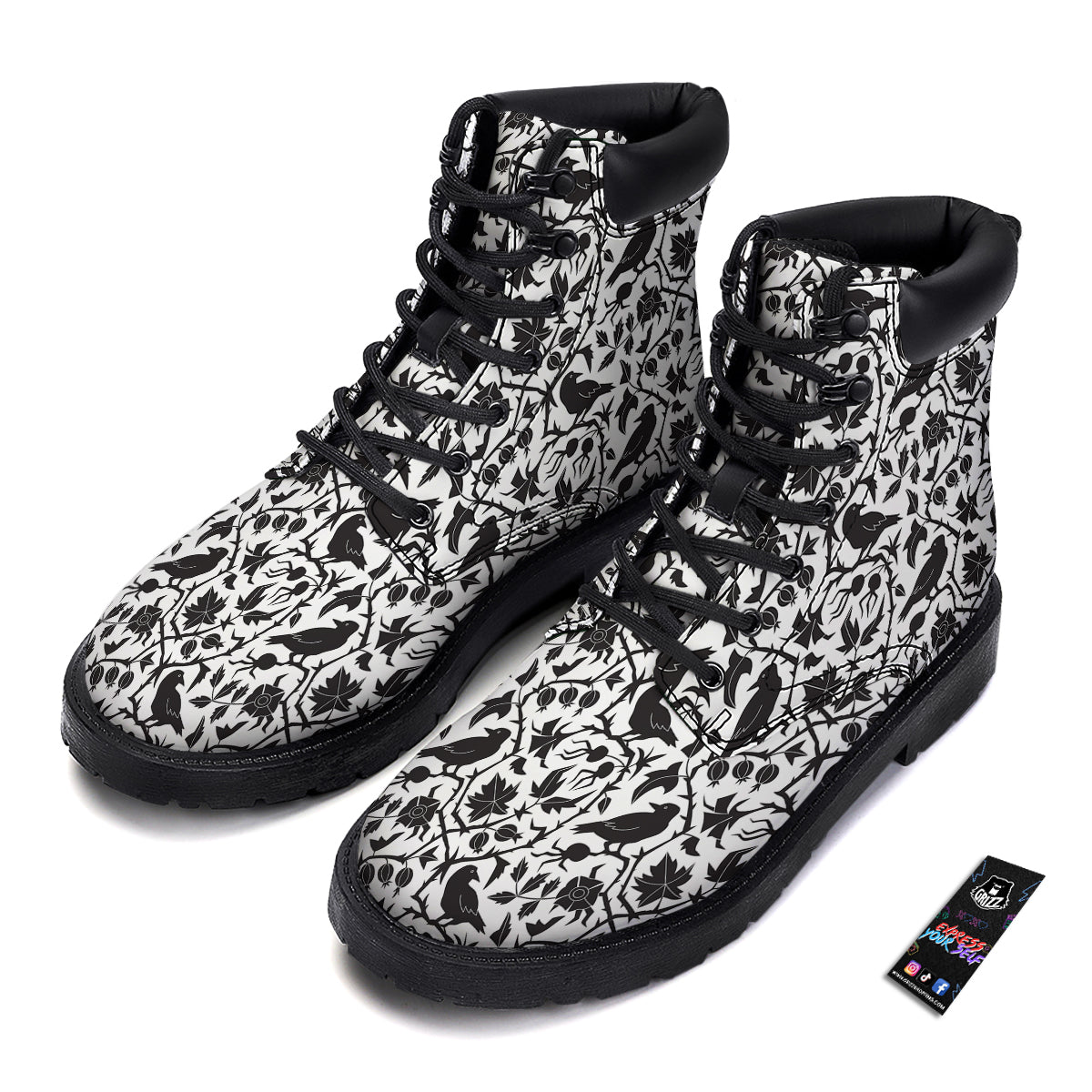 Dark Floral And Crow Print Pattern Boots-grizzshop