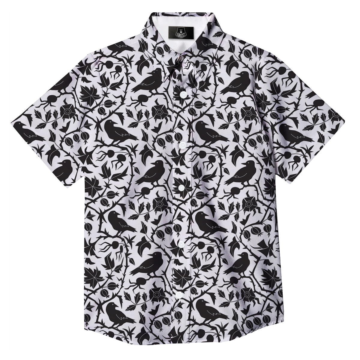 Dark Floral And Crow Print Pattern Button Up Shirt-grizzshop
