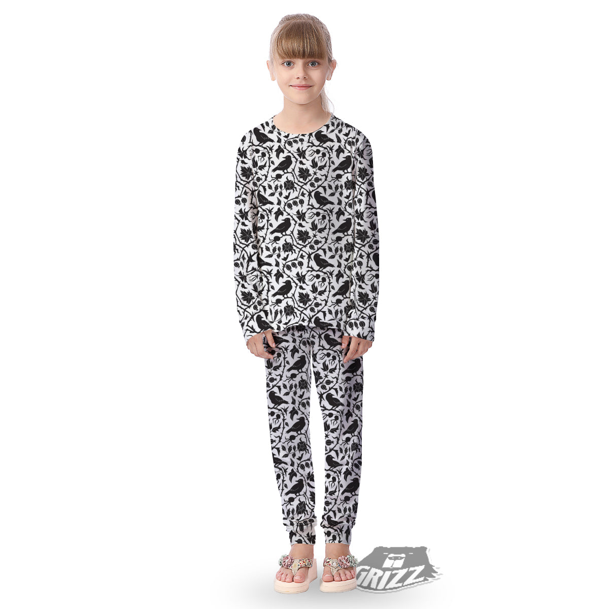 Dark Floral And Crow Print Pattern Kid's Pajamas-grizzshop