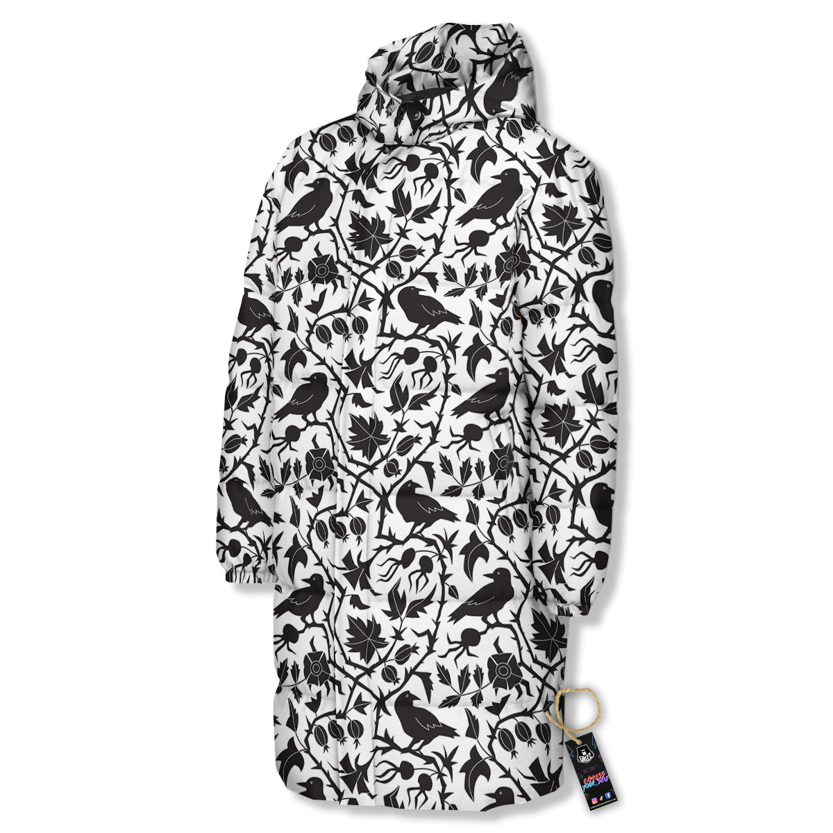Dark Floral And Crow Print Pattern Long Down Jacket-grizzshop