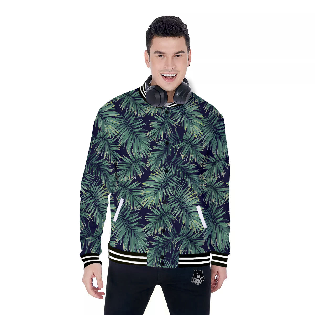 Dark Green Palm Tree Print Pattern Baseball Jacket-grizzshop