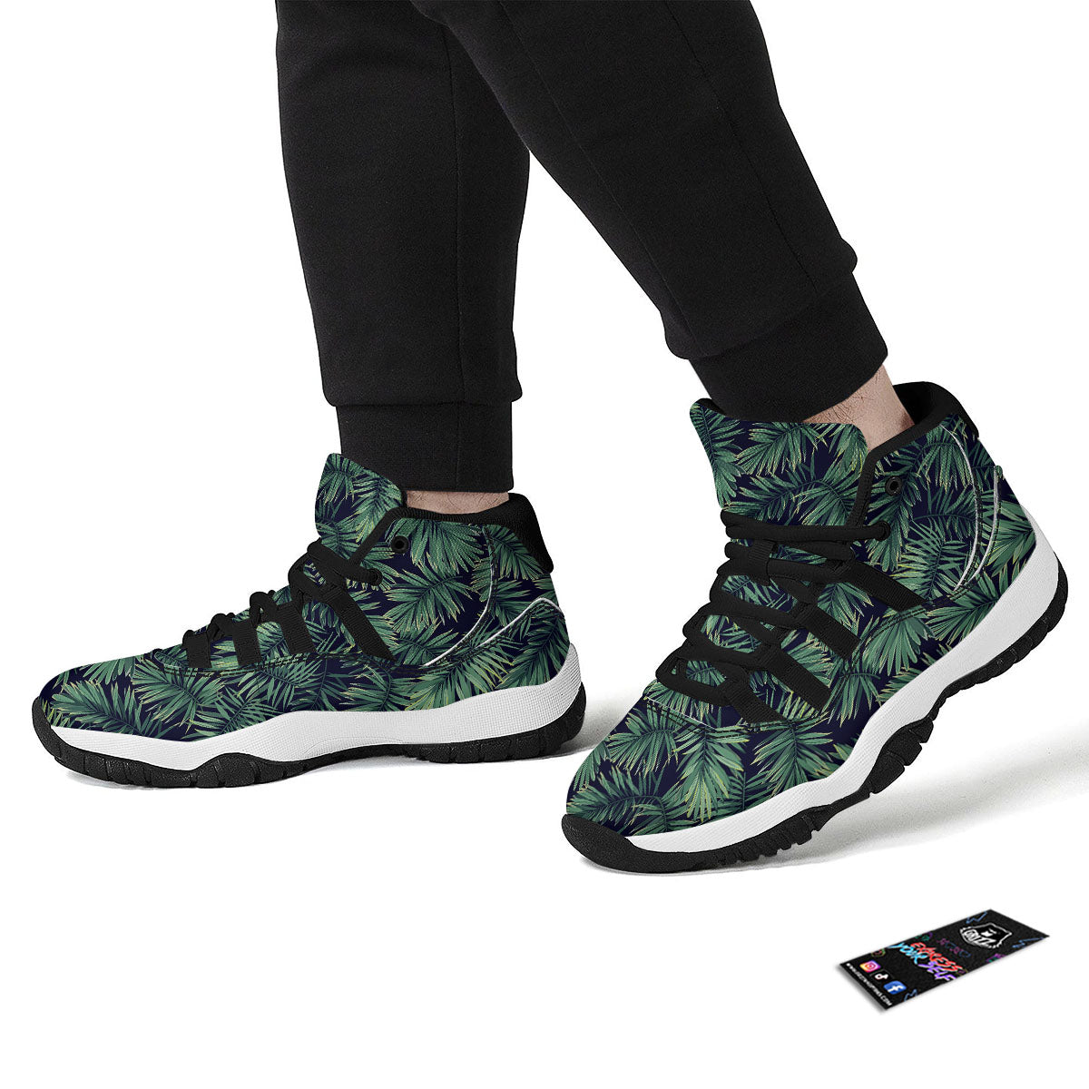 Dark Green Palm Tree Print Pattern Black Bball Shoes-grizzshop