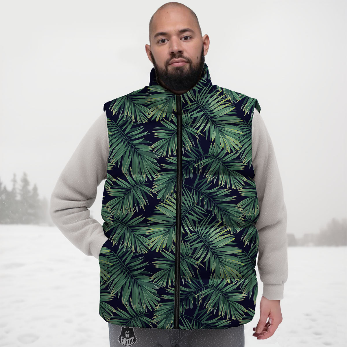 Dark Green Palm Tree Print Pattern Down Vest-grizzshop
