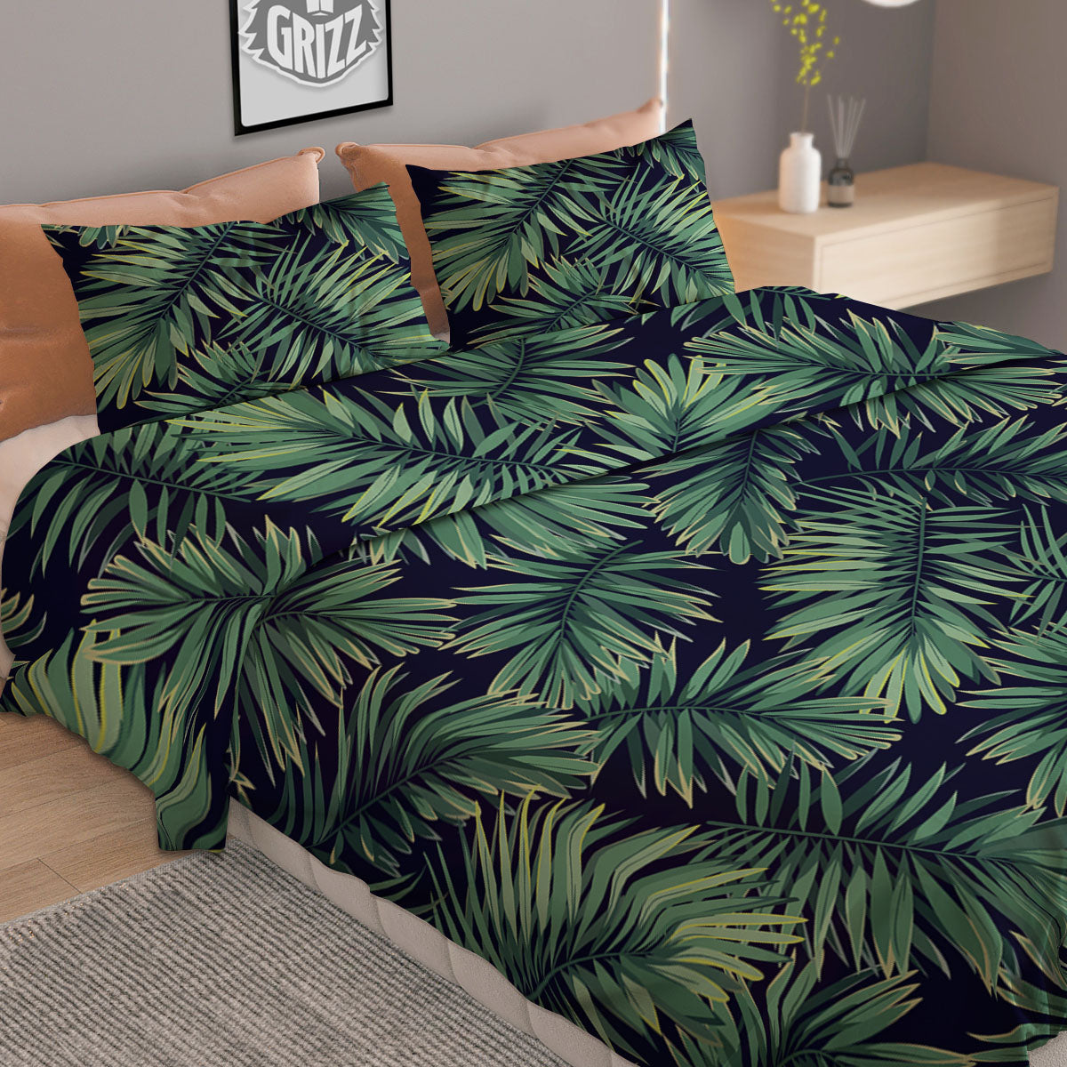 Dark Green Palm Tree Print Pattern Duvet Cover Bedding Set