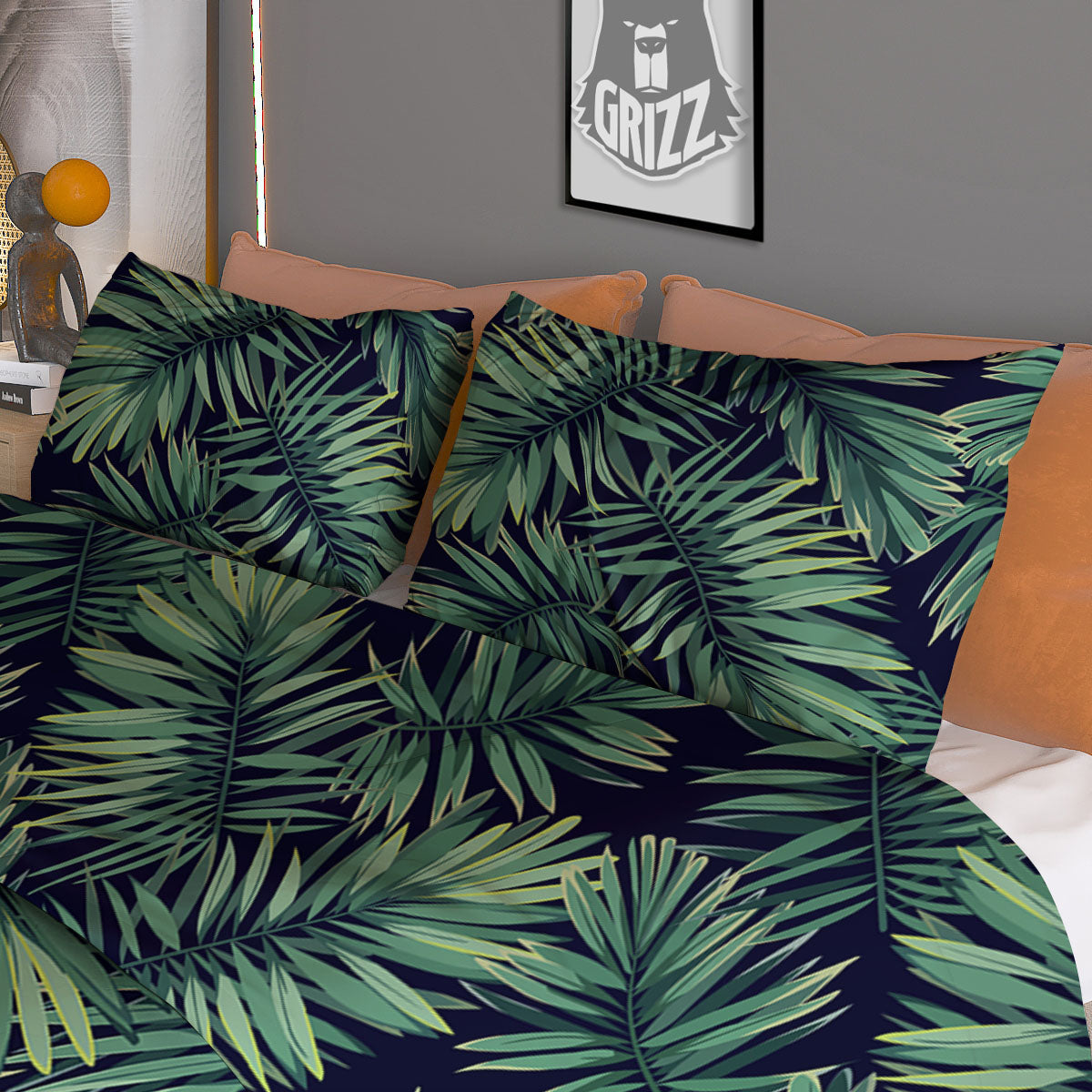 Dark Green Palm Tree Print Pattern Duvet Cover Bedding Set
