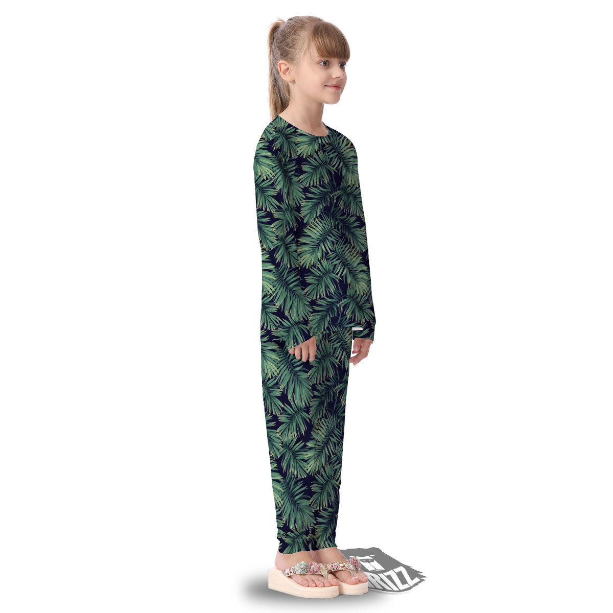 Dark Green Palm Tree Print Pattern Kid's Pajamas-grizzshop