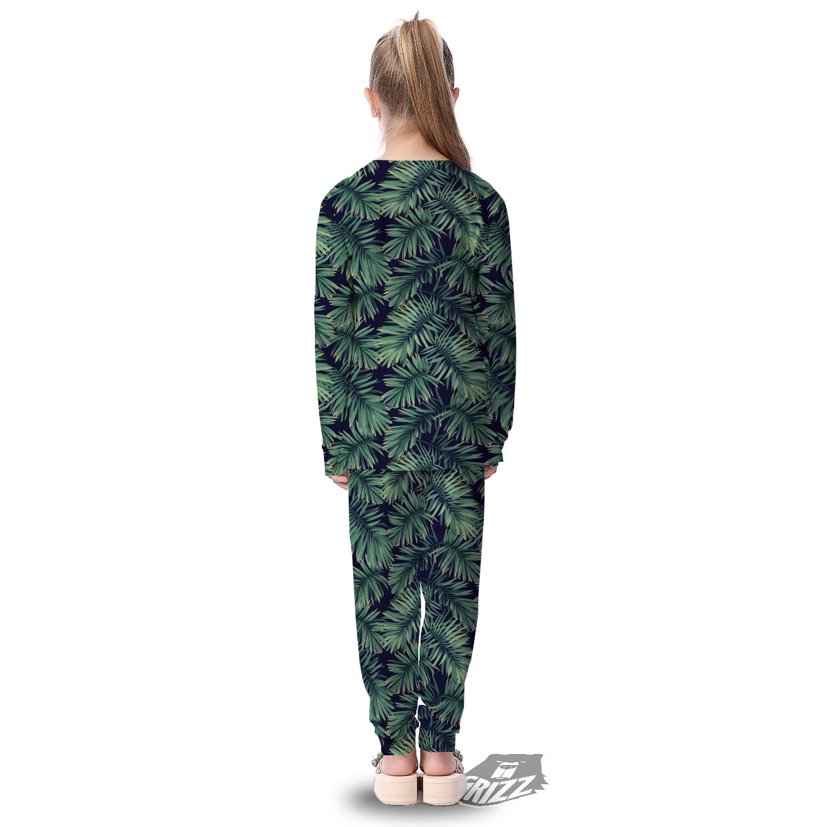 Dark Green Palm Tree Print Pattern Kid's Pajamas-grizzshop