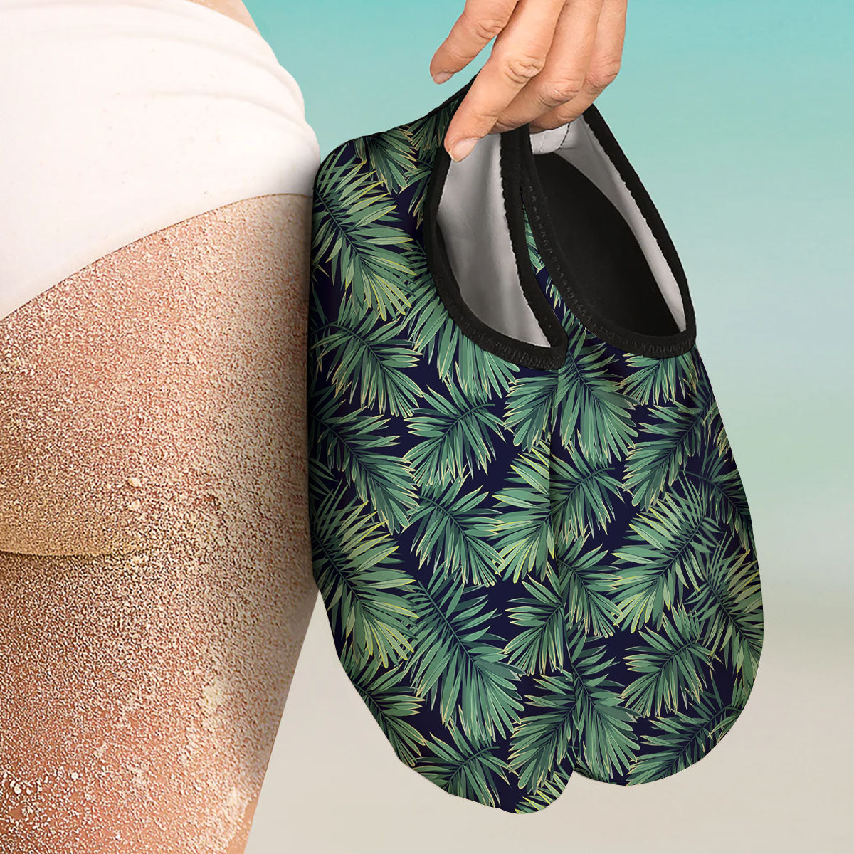 Dark Green Palm Tree Print Pattern Water Shoes-grizzshop