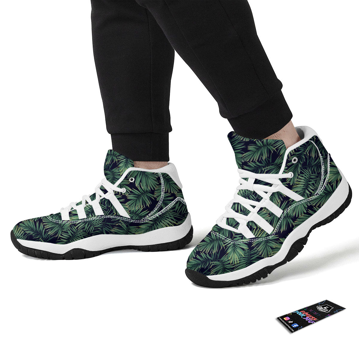 Dark Green Palm Tree Print Pattern White Bball Shoes-grizzshop