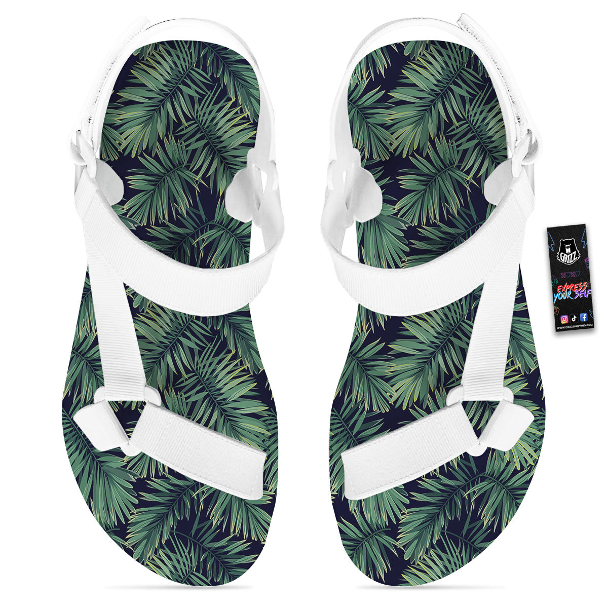 Dark Green Palm Tree Print Pattern White Open Toe Sandals-grizzshop