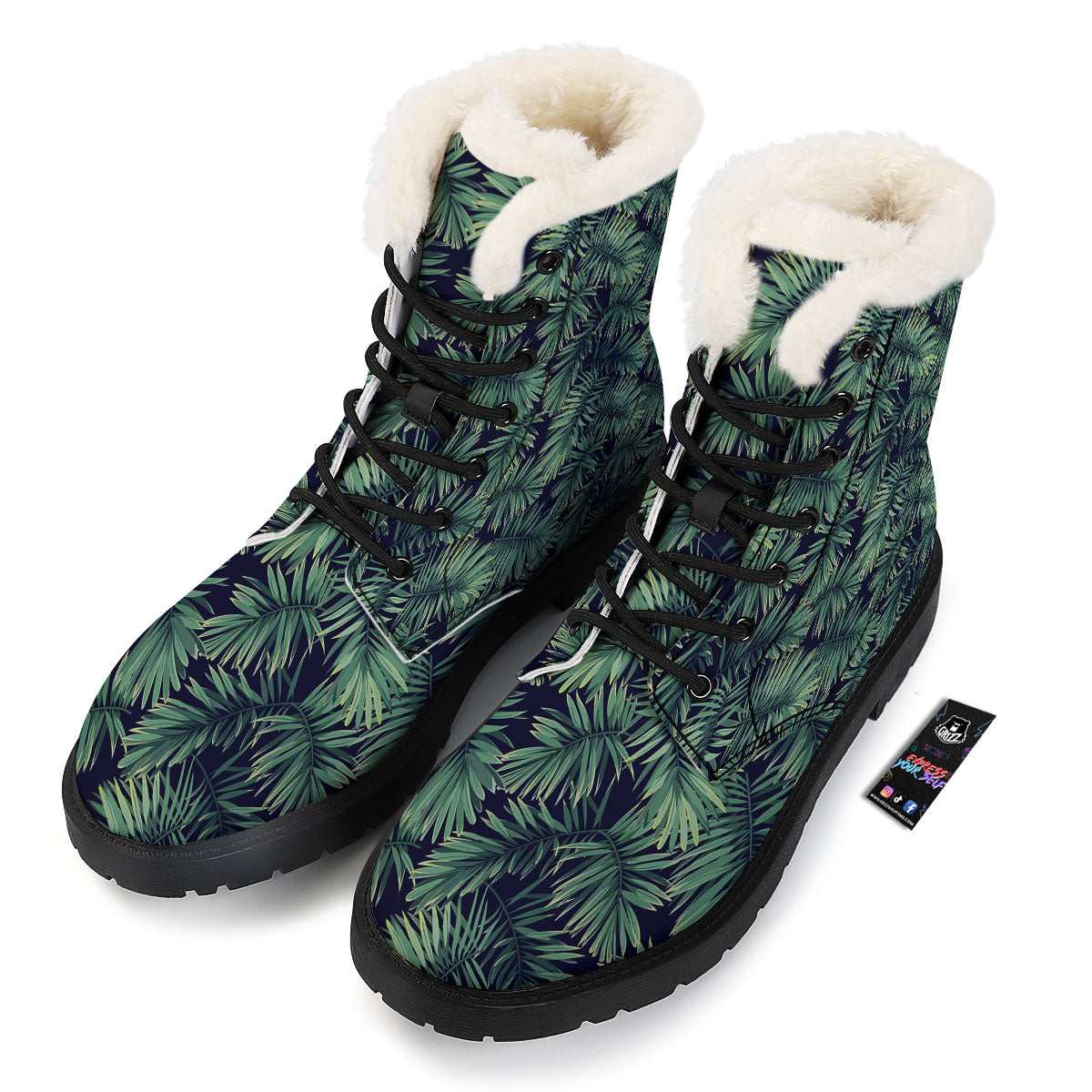 Dark Green Palm Tree Print Pattern Winter Boots-grizzshop